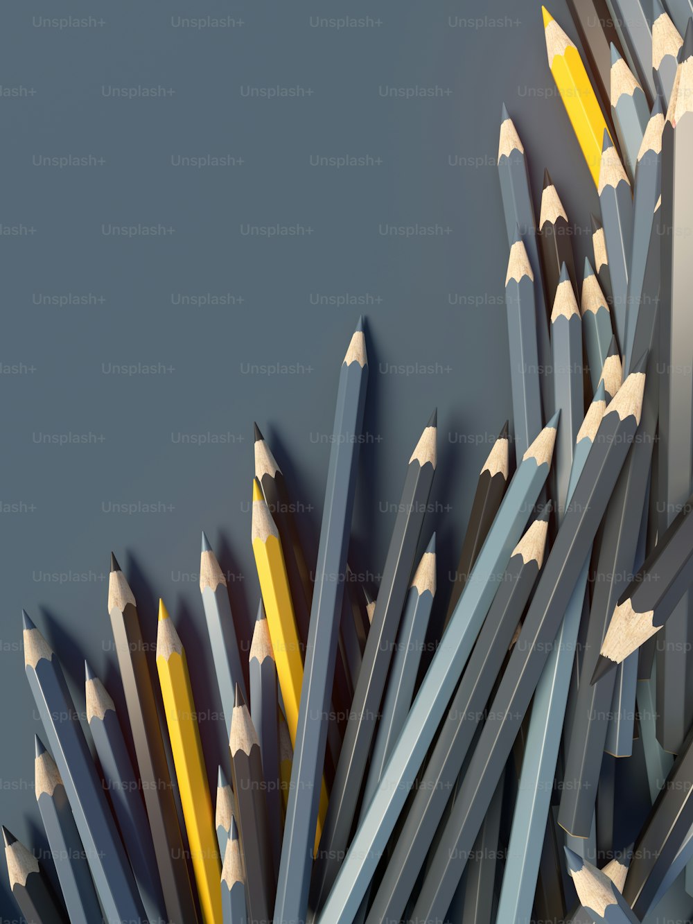 Numero di composizione astratta matite colorate su una superficie blu. Sfondo del modello di progettazione per il ritorno a scuola. Rendering 3D