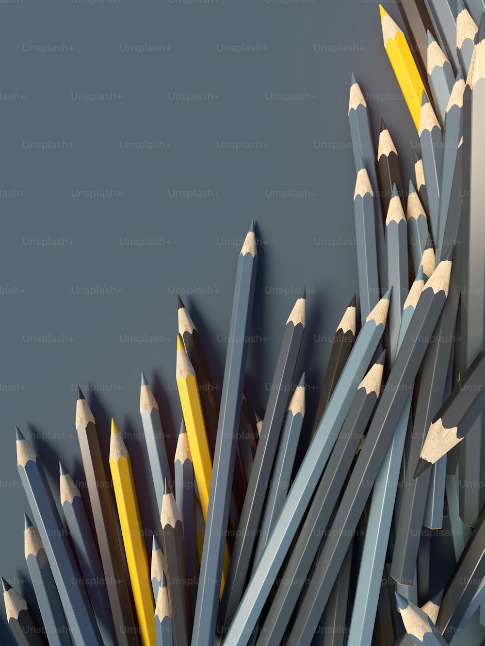 Abstrakte Kompositionsnummer Buntstifte auf blauer Oberfläche. Hintergrund der Back-to-School-Designvorlage. 3D-Rendering