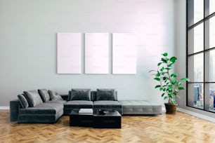 3d render de interior bonito com sofá e piso de madeira