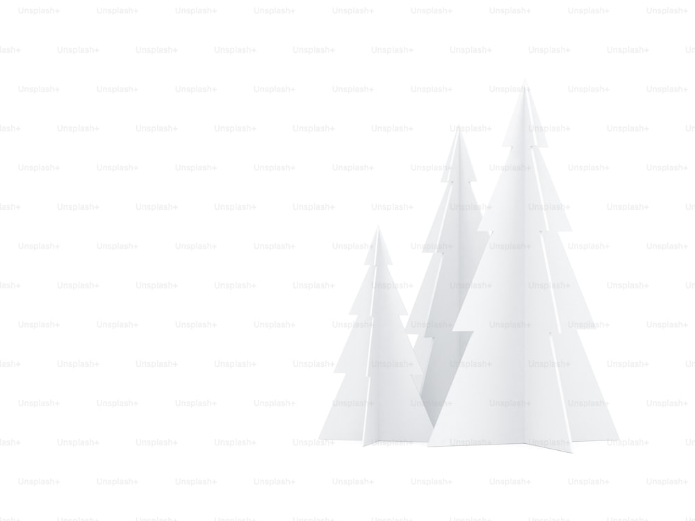 Árbol de Navidad de tres papeles sobre fondo blanco para tarjeta de felicitación, renderizado 3D