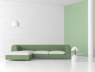 Sala de estar de estilo minimalista 3d render, hay piso blanco, pared verde pastel, amueblado con sofá de tela verde y mesa superior de vidrio, decorar con rosa blanca.