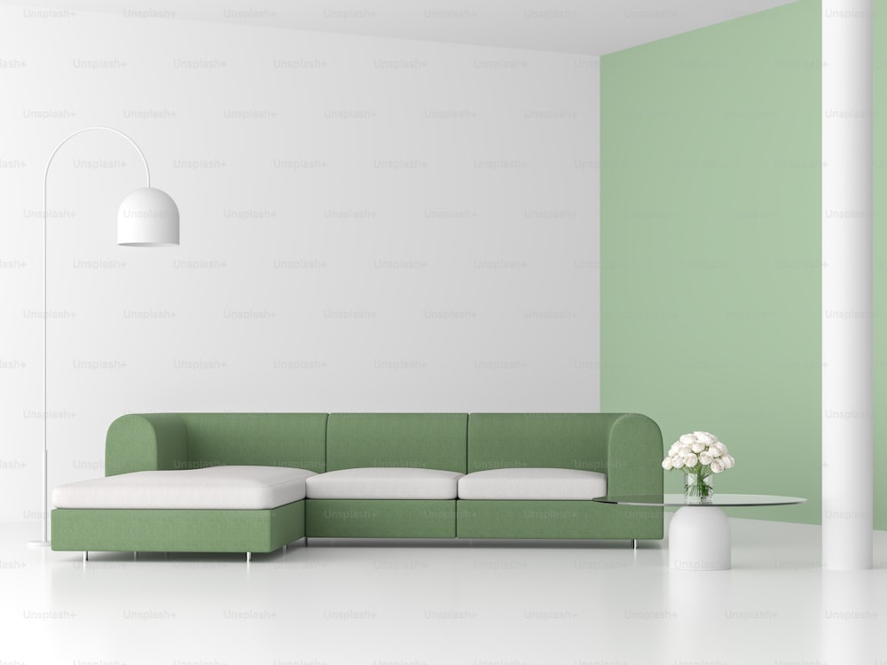 Minimaler Stil Wohnzimmer 3D-Rendering, Es gibt weißen Boden, pastellgrüne Wand, Ausgestattet mit grünem Stoffsofa und Glastisch, Dekorieren mit weißer Rose.