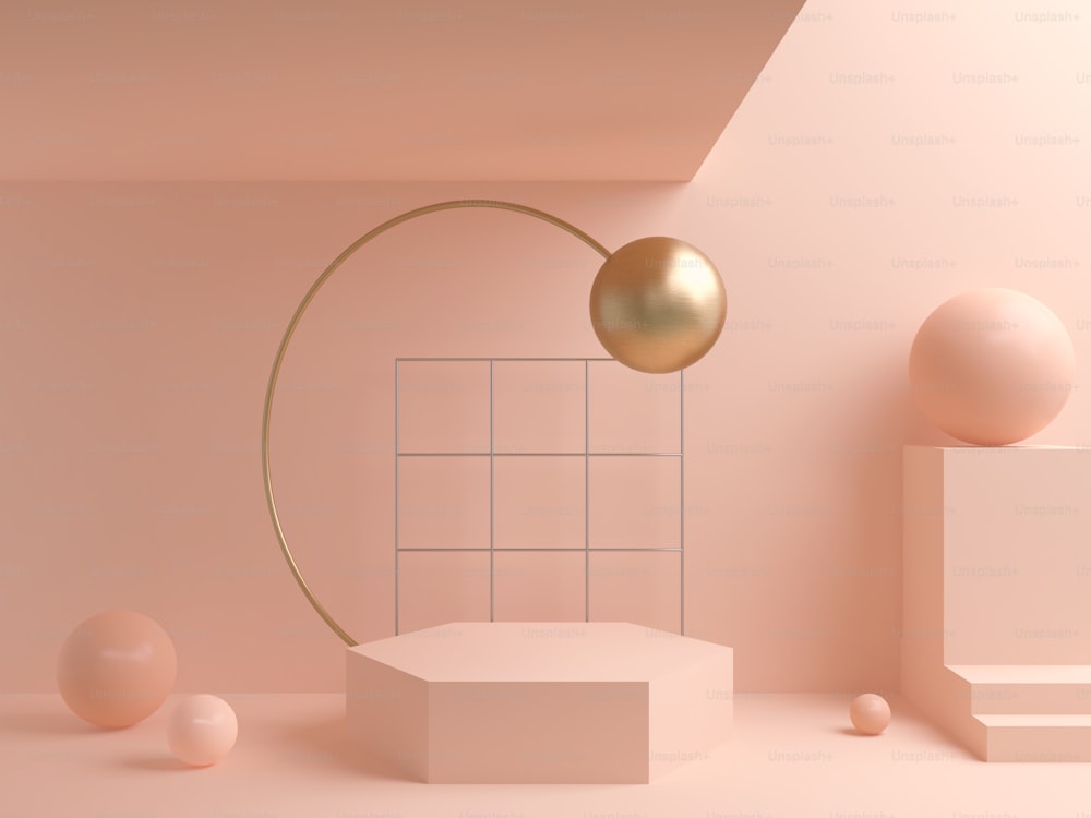 Abstrakter geometrischer Formhintergrund, modernes minimalistisches Modell für Podiumspräsentation oder Vitrine mit grünem Blatt, 3D-Rendering