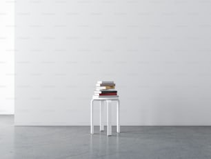 Silla de madera contrachapada blanca con maqueta de libros en habitación vacía, renderizado 3D