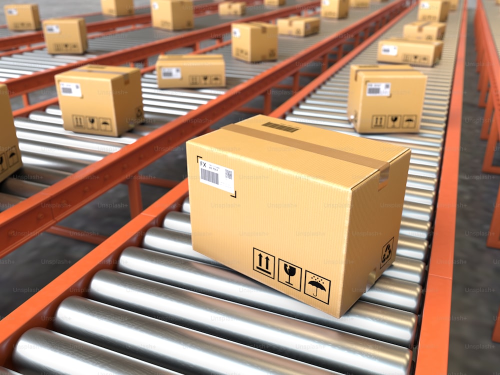 Box on conveyor roller.Shipping and logistics concept,3d rendering,conceptual image.