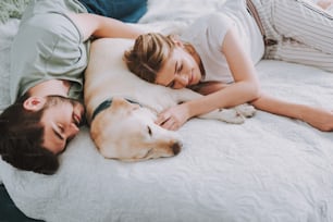 Agradable pareja durmiendo mientras descansa con su perro en la cama