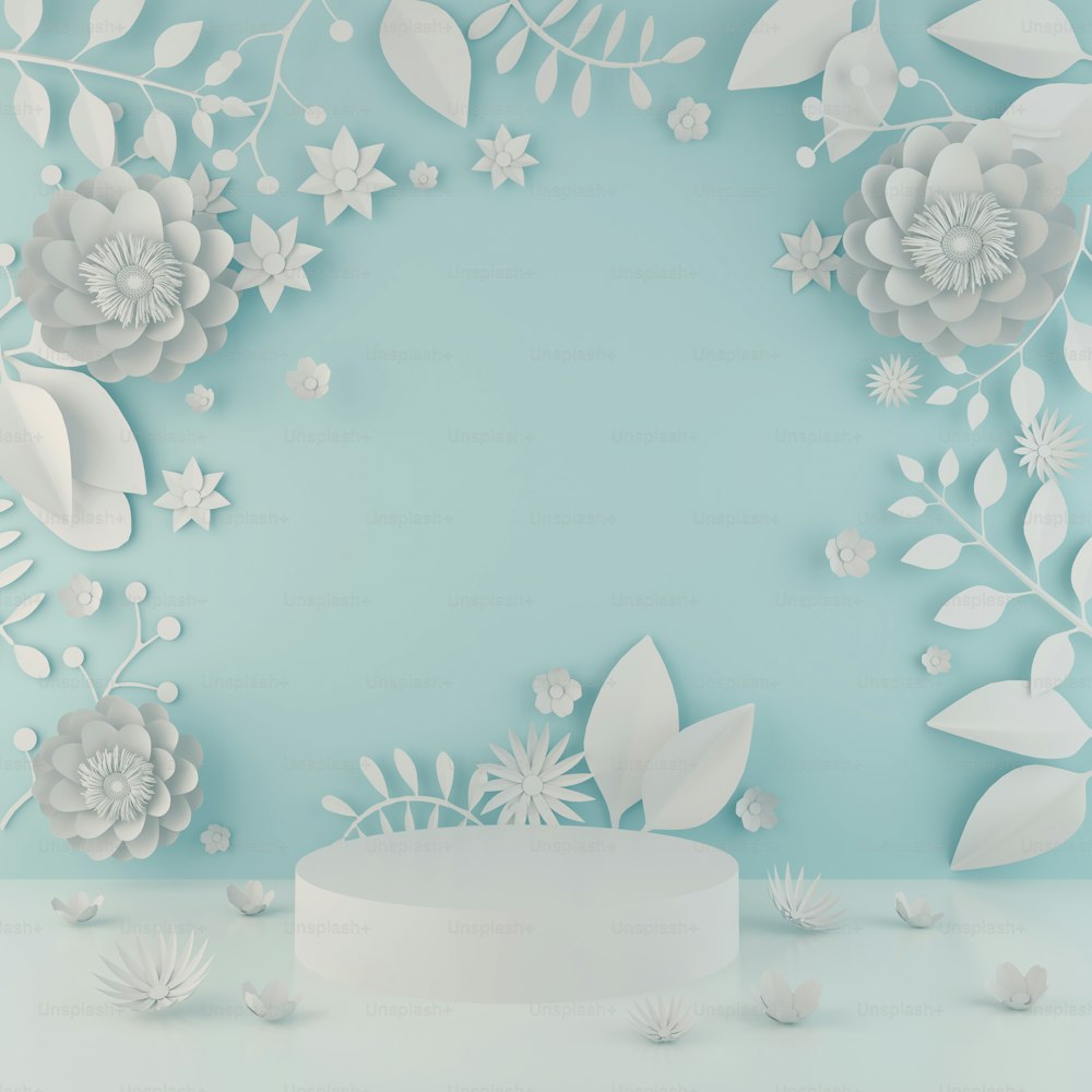 abstract 3d geometric podium display or showcase scene with paper art of white flower background, 3d rendering.
