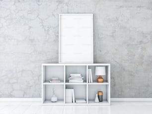 Large Vertical poster Mockup with white frame standing on bureau with books and decor, 3d rendering