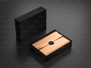 Maquete de caixa preta aberta com papel de embrulho dourado e etiqueta, renderização 3D
