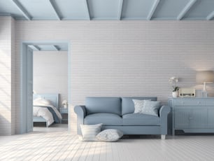 Soggiorno vintage e camera da letto 3d render, ci sono pareti modello di mattoni bianchi, pavimento in assi di legno, mobili blu color pastello, porta e soffitto, la stanza ha la luce del sole che splende attraverso l'interno.