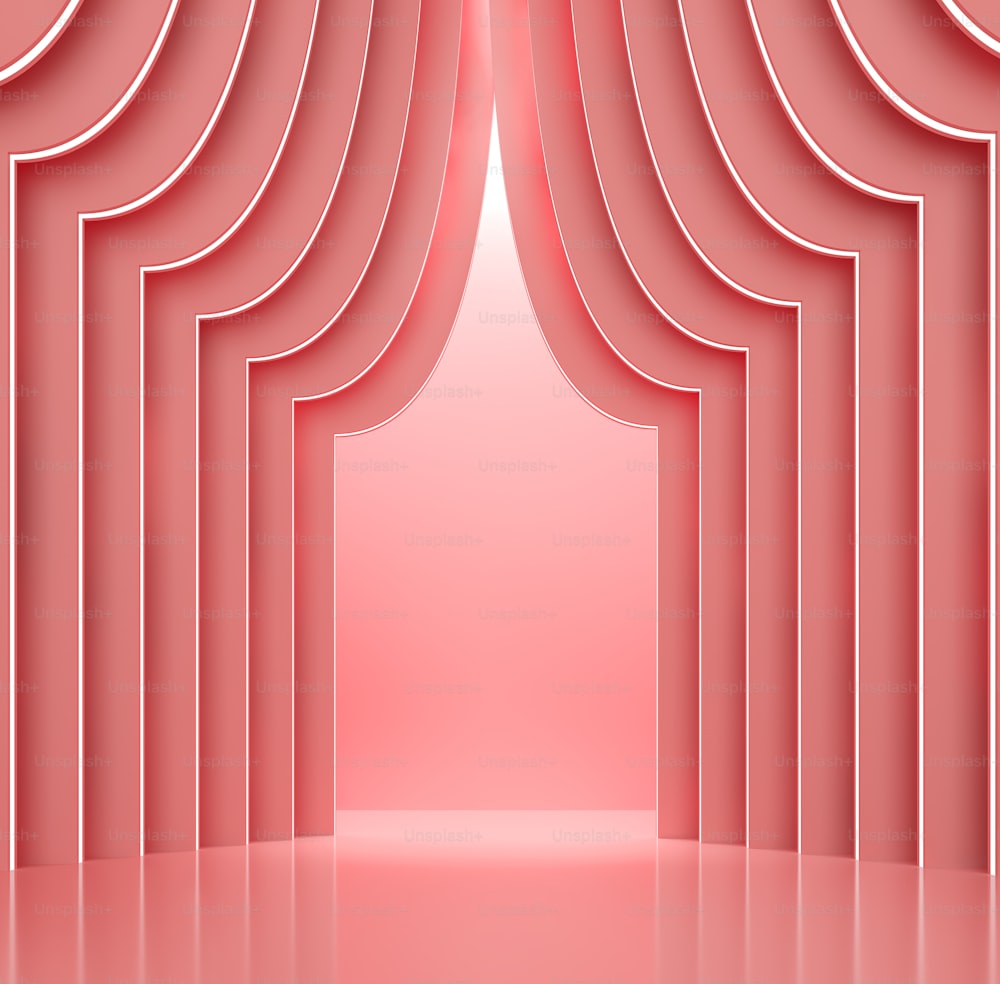 커튼 모양 벽 개념 3d 렌더링 그림이 있는 산호 분홍색 공간 인테리어