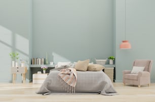 회색 담요가 있는 넓은 침실 내부에 안락의자와 파란색 벽이 있는 현대적인 침실 내부, 3D 렌더링