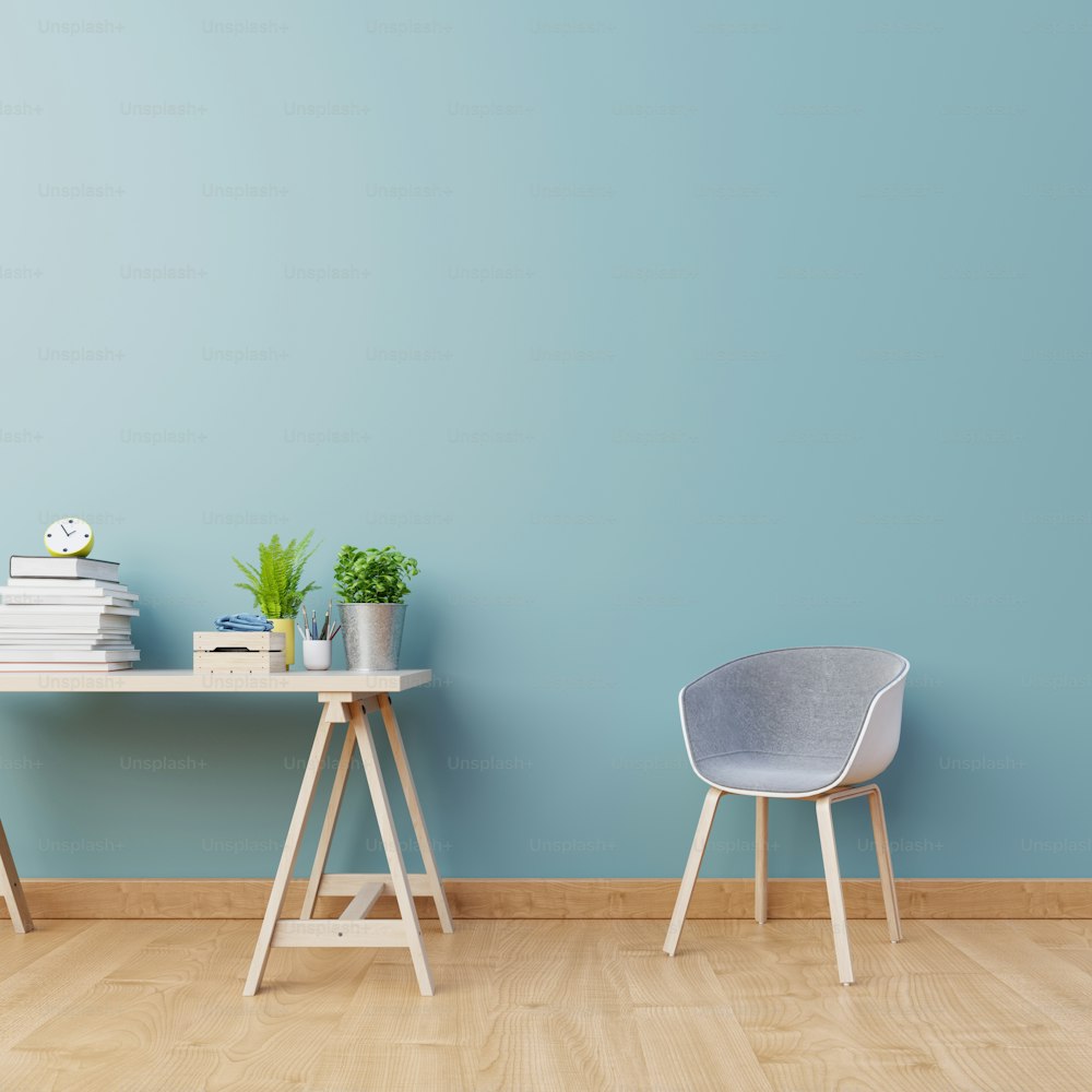 의자, 식물, 캐비닛, 빈 파란색 벽 배경, 3D 렌더링