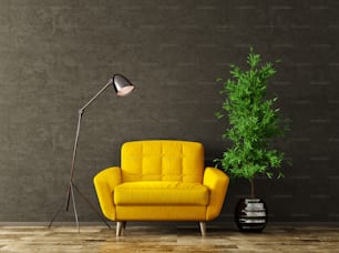 黒い漆喰の壁の上に床ランプと黄色の肘掛け椅子を持つリビングルームの内部3Dレンダリング