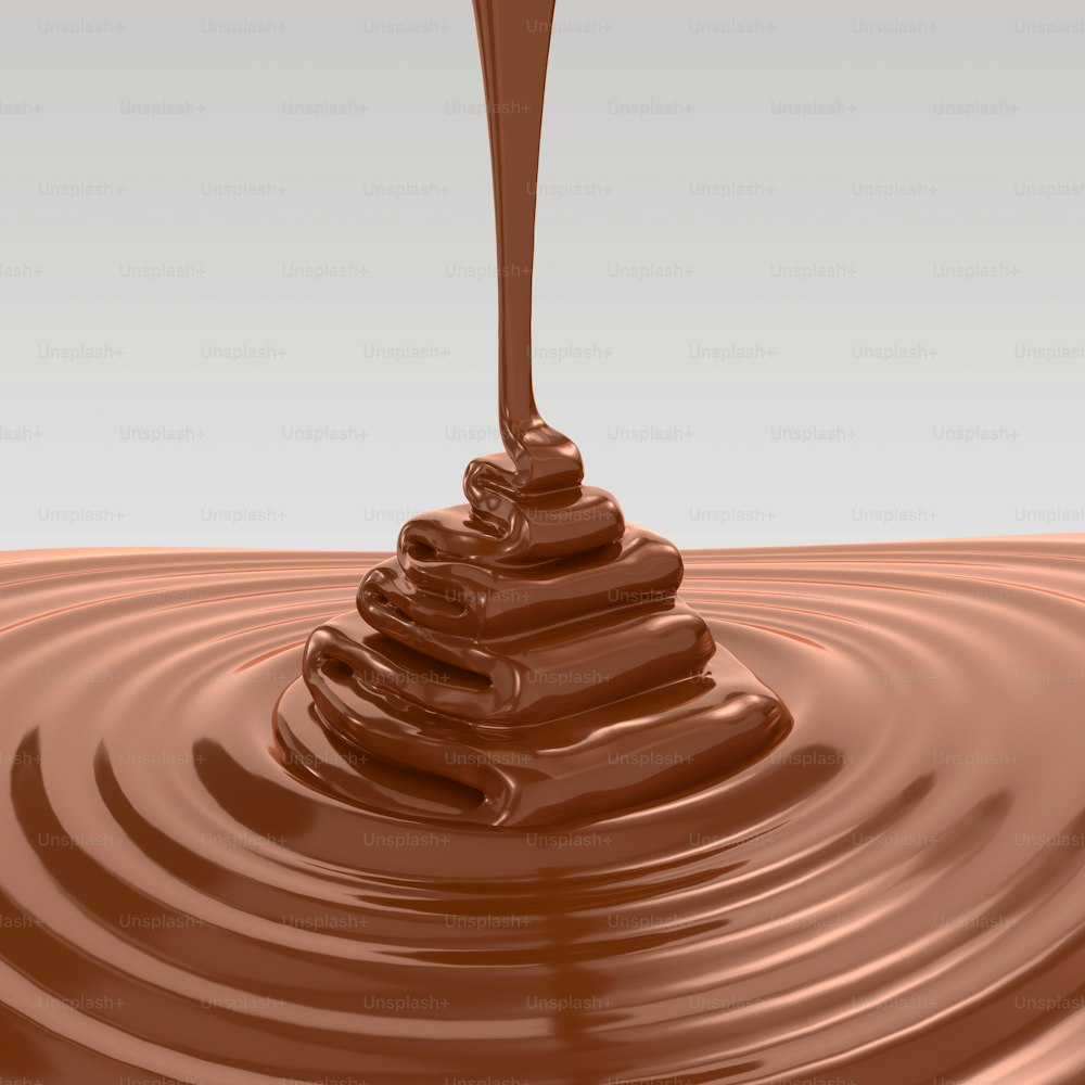 Cioccolato marrone versato e sfondo fuso, rendering 3d.