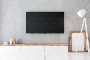 Maqueta de Smart TV con pantalla en blanco colgada en la pared de hormigón en un interior moderno. Renderizado 3D