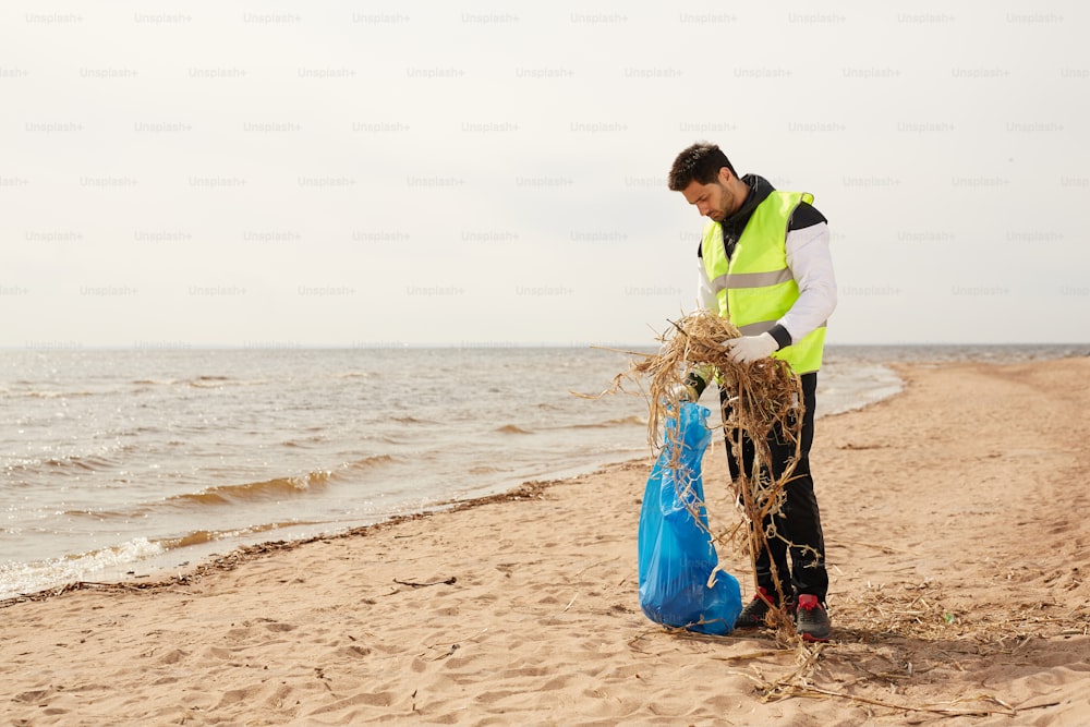 Joven voluntario en ropa de trabajo protectora de pie en una playa de arena mientras pone desechos naturales en un saco azul durante el trabajo