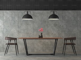 Moderno loft comedor 3d render, hay pared y piso de hormigón pulido, amueblado con muebles de acero negro y madera, decorar con lámpara de estilo industrial.