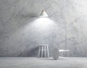Due sedie bianche nella stanza vuota di cemento con lampada, rendering 3d