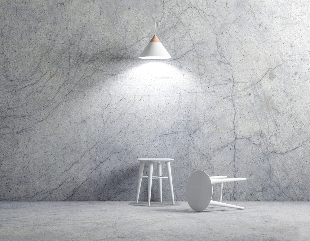 Duas cadeiras brancas na sala de concreto vazia com lâmpada, renderização 3d