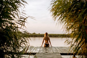 Vista trasera a la atractiva joven en bikini sentada en un muelle en el lago