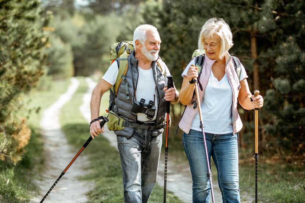 Happy senior couple hiking with trekking sticks and backpacks at the young pine forest. Enjoying nature, having a good time on their retirement