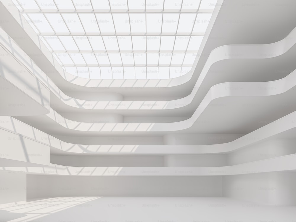 Moderner weißer Raum, Halleninnen-3D-Rendering, ist eine große und hohe Halle mit einem Oberlichtdach über dem Sonnenlicht, um hineinzukommen.