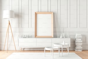 Wooden poster Frame Mockup standing on the white bureau. 3d rendering
