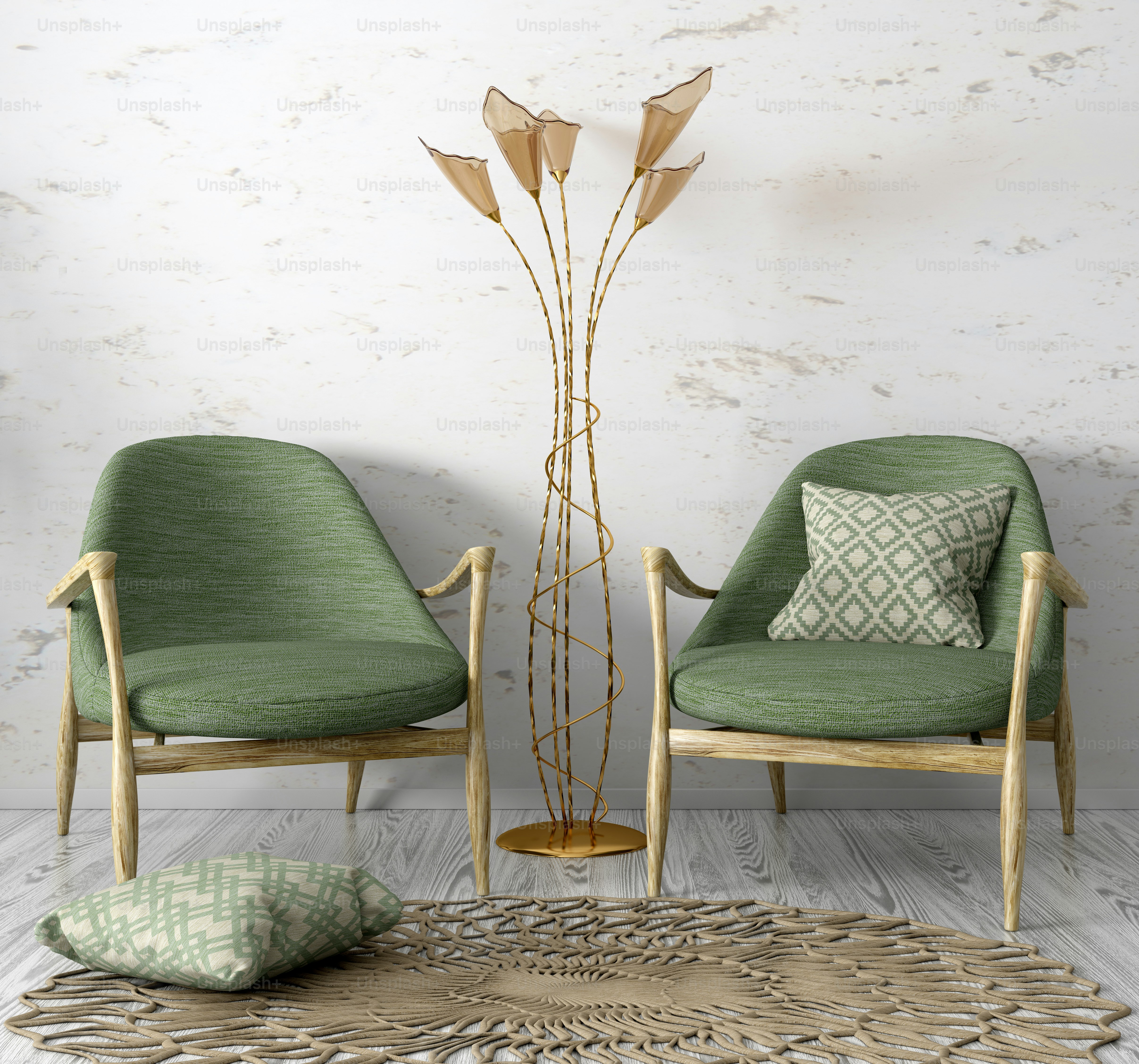 Interno dell'accogliente soggiorno con due poltrone verdi e lampada da terra rendering 3d