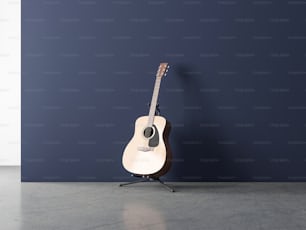 Maquete de guitarra acústica no suporte em sala vazia com parede azul, renderização 3d