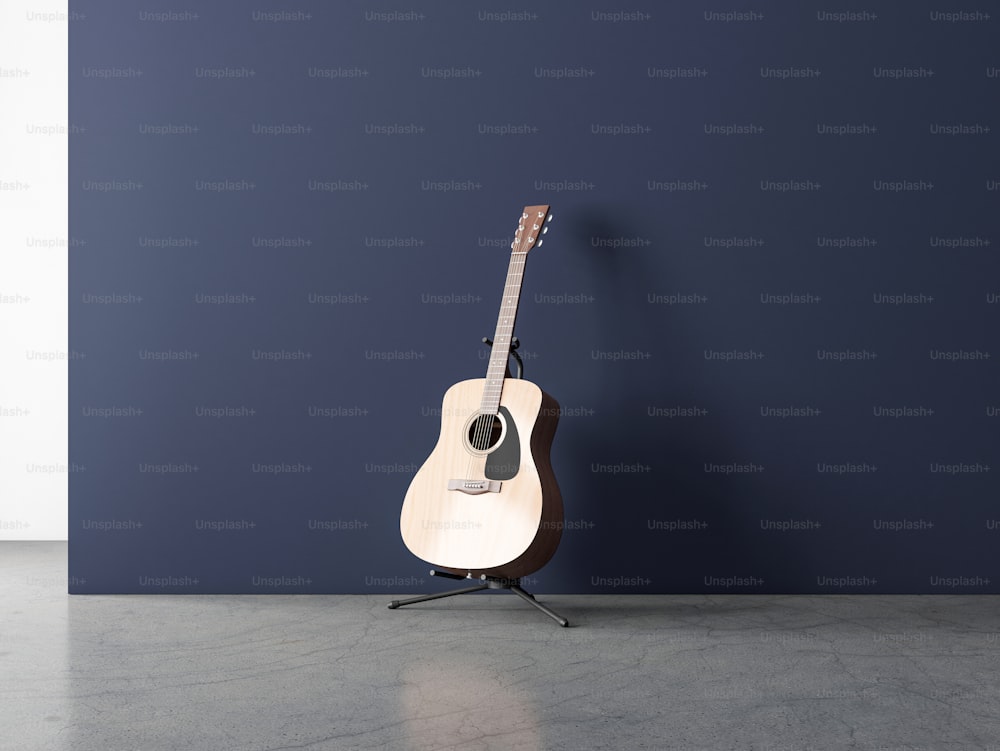 Mockup di chitarra acustica su stand in stanza vuota con parete blu, rendering 3d