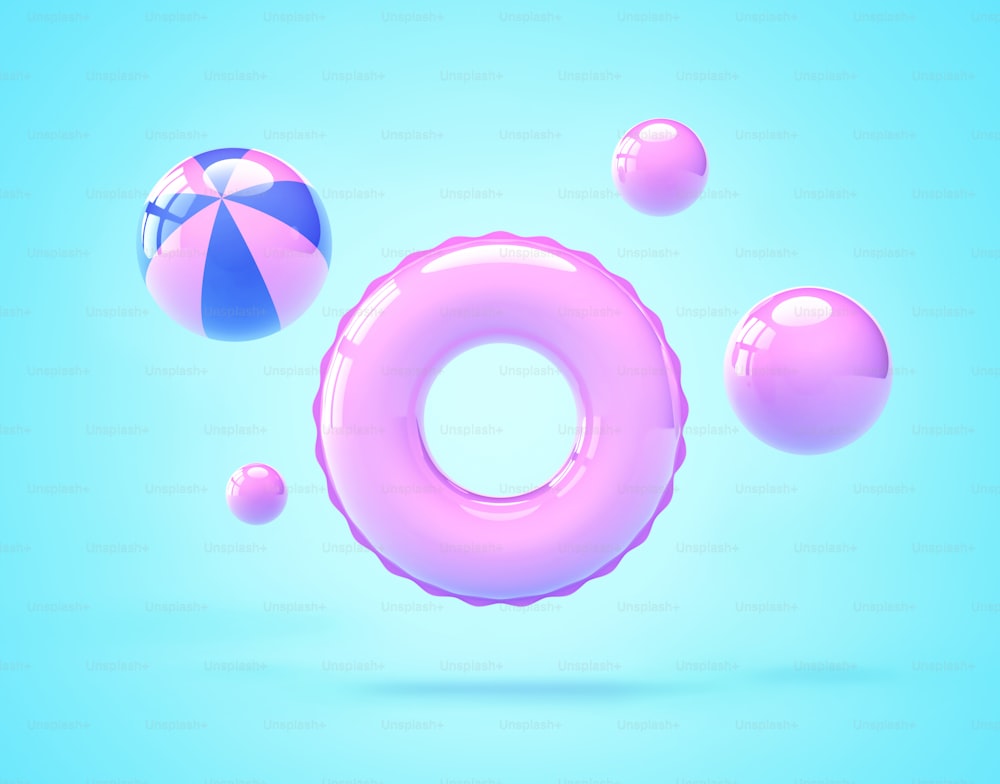 Anneau de natation gonflable et ballons de plage. Concept de vacances d’été. Rendu 3D
