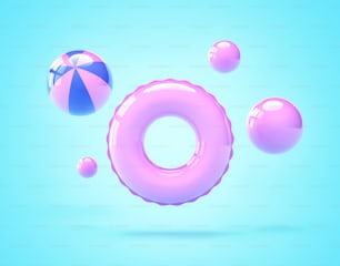 Inflatable swimming ring and beach balls. Summer vacation concept. 3D rendering