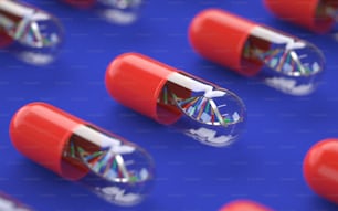 capsules médicales avec molécule d’ADN, rendu 3D, image conceptuelle.