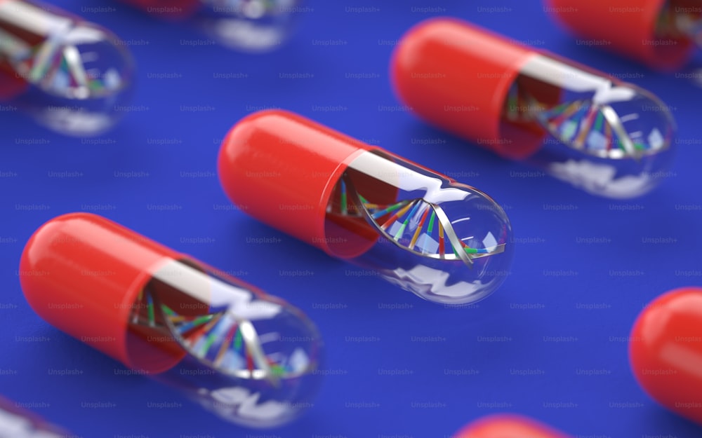 capsule mediche con molecola di DNA, rendering 3d, immagine concettuale.