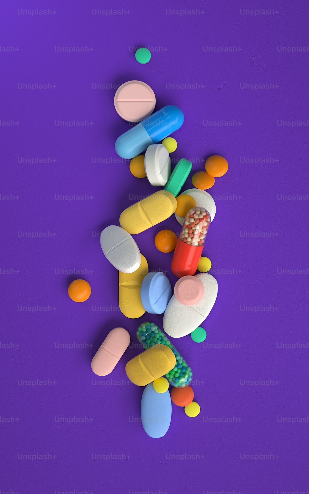 Pile de pilules colorées, rendu 3D, image conceptuelle.