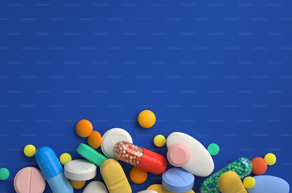 Pile de pilules colorées, rendu 3D, image conceptuelle.
