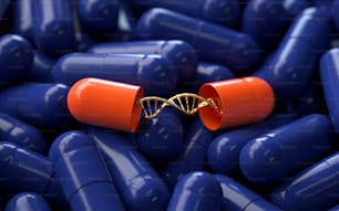 cápsulas médicas com molécula de DNA, renderização 3d, imagem conceitual.