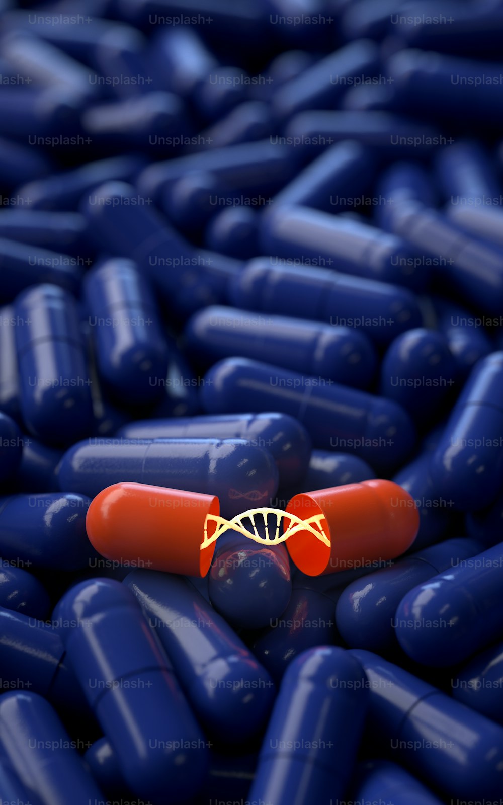 medizinische Kapseln mit DNA-Molekül, 3D-Rendering, konzeptionelles Bild.