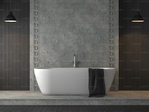 Badezimmer im Loft-Stil mit Betonfliesenwand 3D-Rendering, Es gibt polierte Betonfliesen und schwarze Holzdielenwand, ausgestattet mit weißer Badewanne, dekoriert mit dekorativen Mustern aus Beton