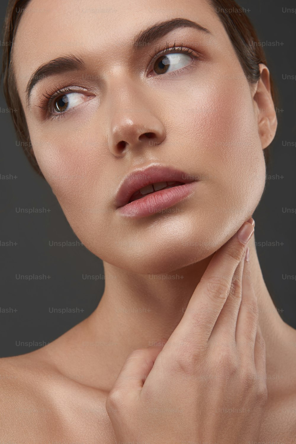 Close up portrait of charming lady with natural makeup looking away and keeping lips slightly parted. Isolated on gray background