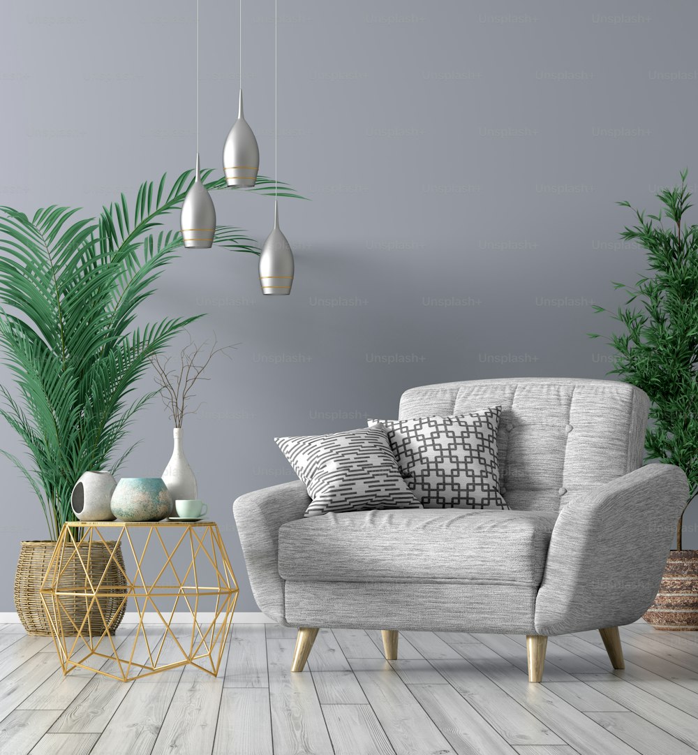 Interior of living room with golden coffee table, gray armchair, home design 3d rendering