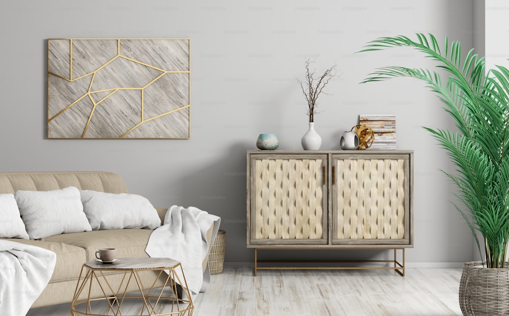 Interni moderni del soggiorno con divano e armadio, rendering 3d home design
