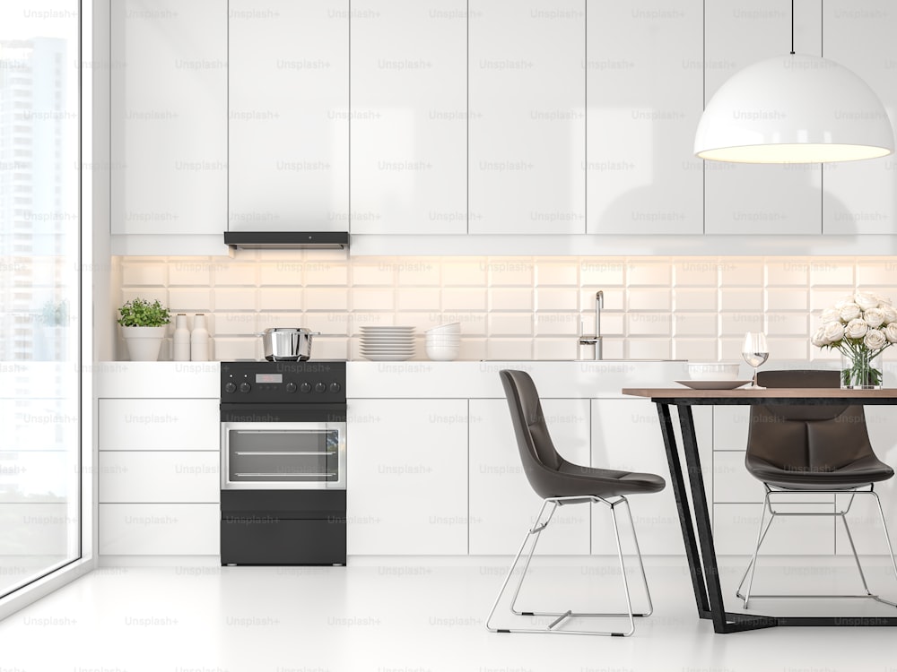 Moderna cocina blanca y comedor render 3d. Hay piso blanco y pared, puertas de gabinete blancas brillantes, silla de cuero marrón oscuro, la habitación tiene ventanas grandes. Mira hacia la vista de la ciudad.