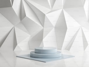 モックアップ表彰台、抽象的な白と青の形、3Dイラスト
