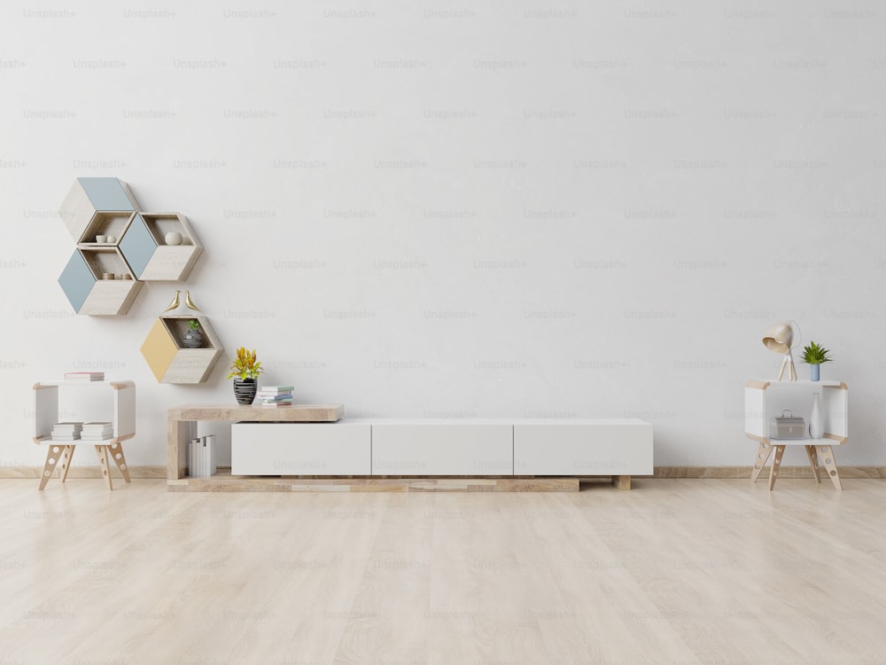 shelf tv in modern empty room,minimal design, 3d rendering