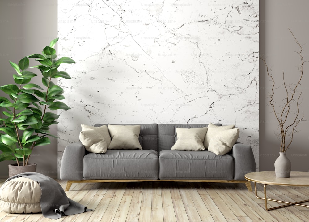 大理石の壁3Dレンダリングに対して、グレイのソファ、コーヒーテーブル、植物を持つリビングルームのモダンなインテリア