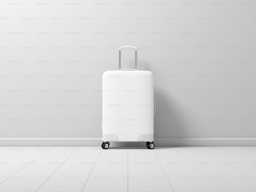 White Suitcase mockup in white interior, 3d rendering