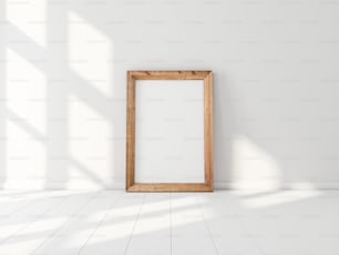 Vertical Wooden poster Frame Mockup standing near white wall. 3d rendering