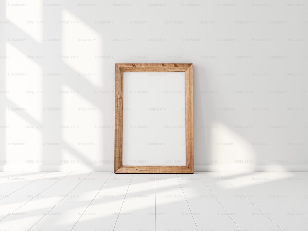 Vertical Wooden poster Frame Mockup standing near white wall. 3d rendering